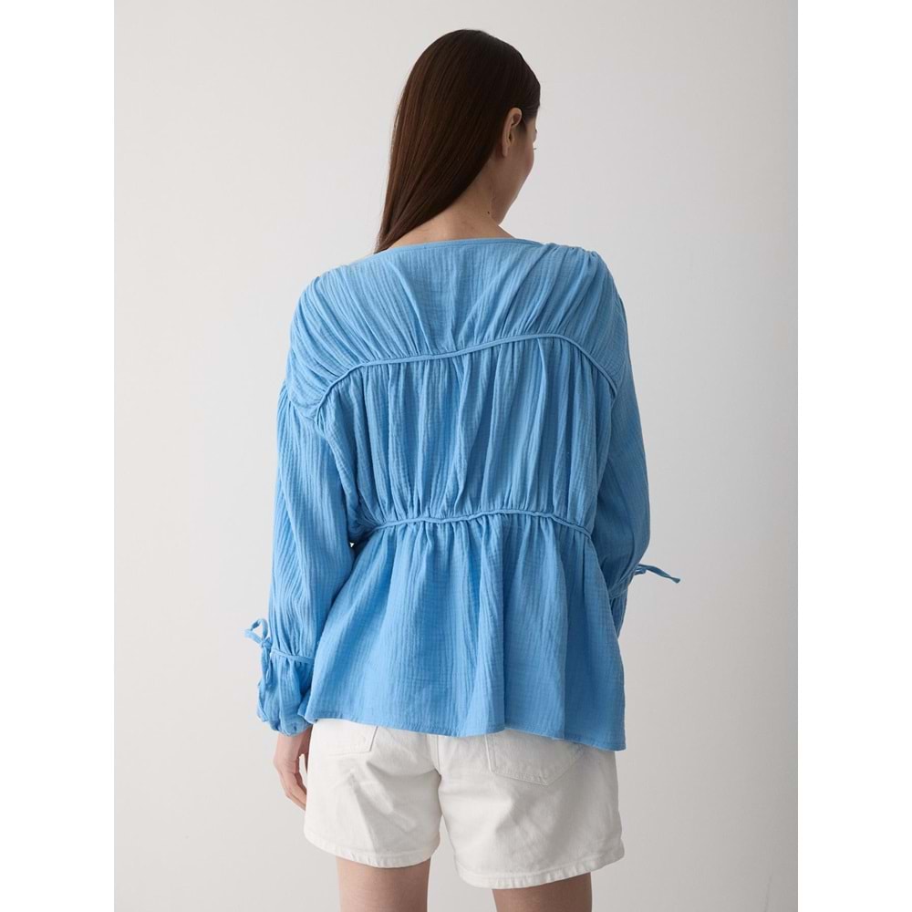 %100 Pamuk Kolu Lastikli Müslin Bağlamalı Mavi Bluz M Beden