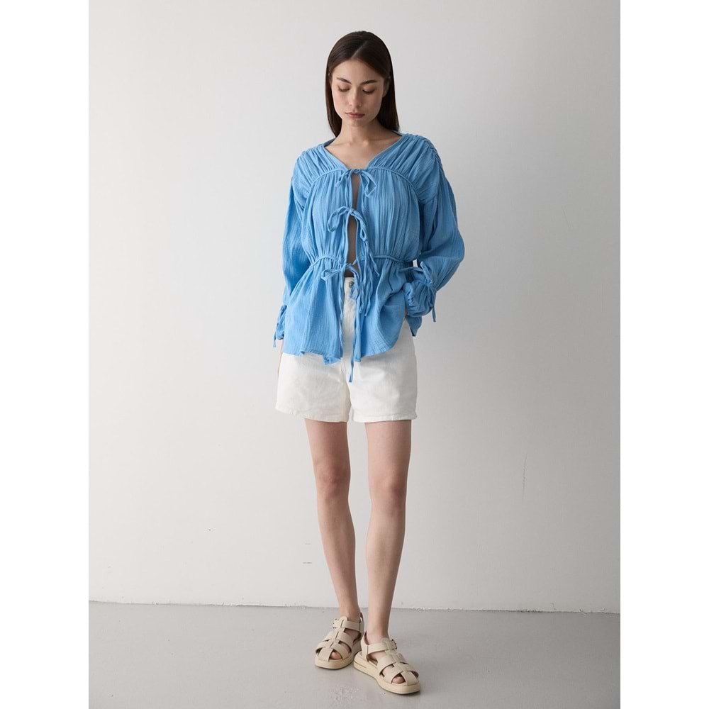 %100 Pamuk Kolu Lastikli Müslin Bağlamalı Mavi Bluz M Beden