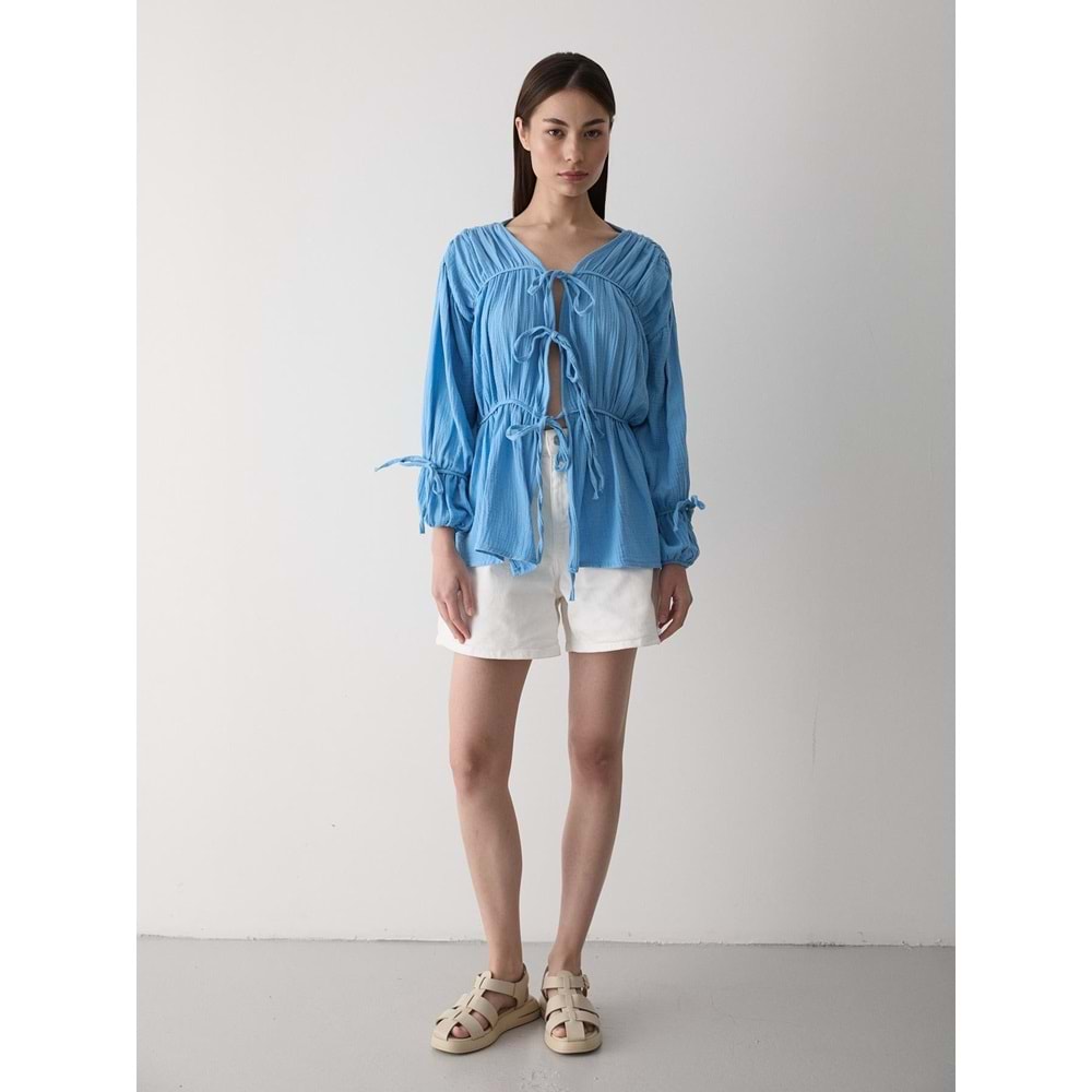 %100 Pamuk Kolu Lastikli Müslin Bağlamalı Mavi Bluz M Beden