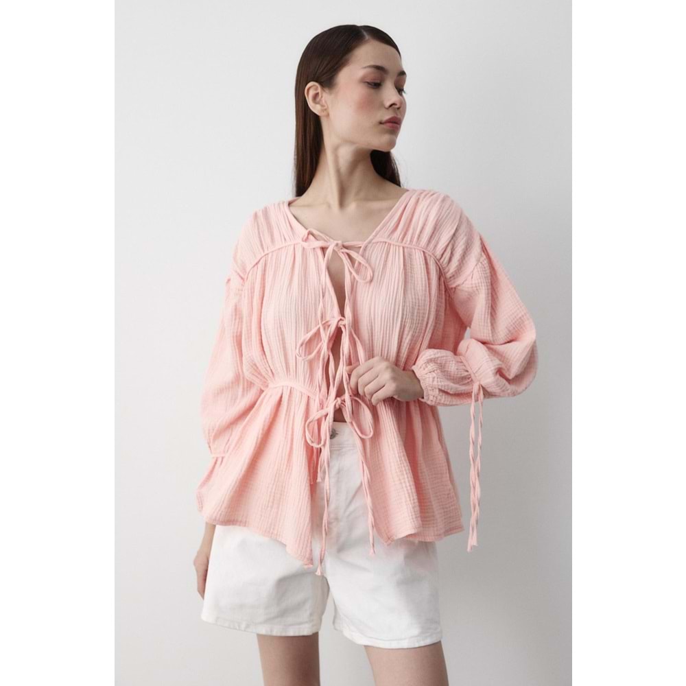 %100 Pamuk Kolu Lastikli Müslin Bağlamalı Somon Bluz L Beden