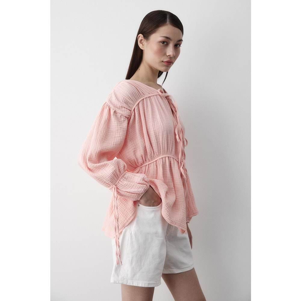 %100 Pamuk Kolu Lastikli Müslin Bağlamalı Somon Bluz L Beden