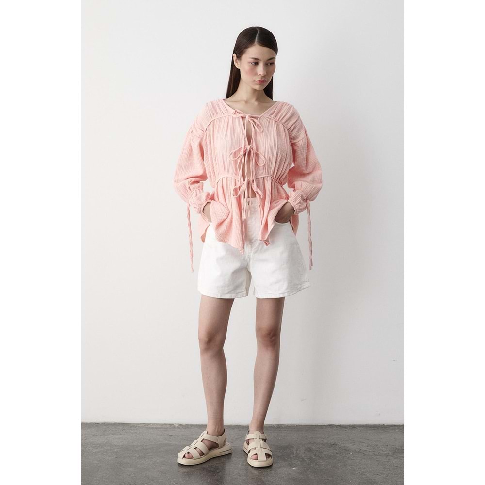 %100 Pamuk Kolu Lastikli Müslin Bağlamalı Somon Bluz L Beden