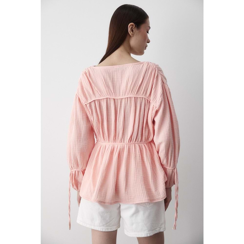 %100 Pamuk Kolu Lastikli Müslin Bağlamalı Somon Bluz L Beden