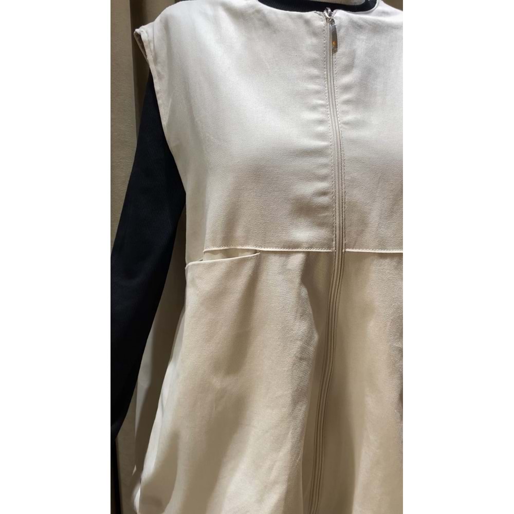 Gabardin Fermuarlı Kadın Astarlı Bej Yelek S-M