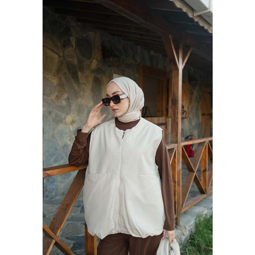 Gabardin Fermuarlı Kadın Astarlı Bej Yelek S-M (36-38) Beden