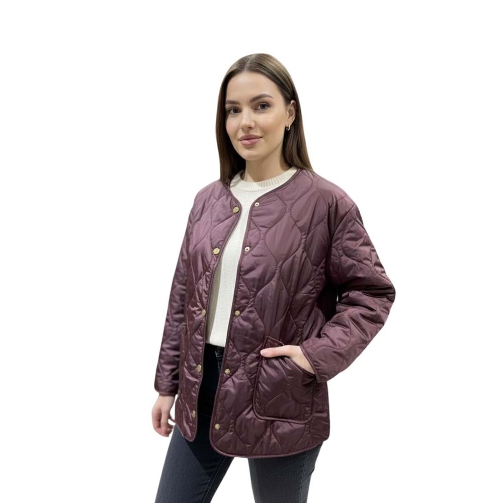 Mürdüm Oversize Kapitone Kadın Ceket (S-M Beden)