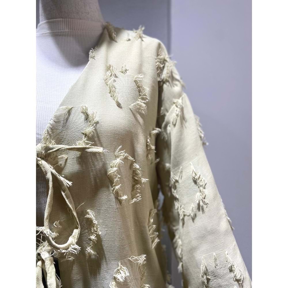 Püsküllü Önü Bağlamalı Keten Çağla Kimono Standart