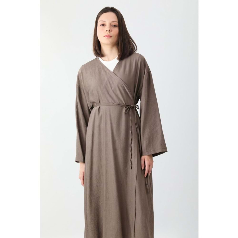 Uzun Crash Çilek Kumaş Bağlamalı Kimono Pantolonlu Toprak Takım 2 Beden