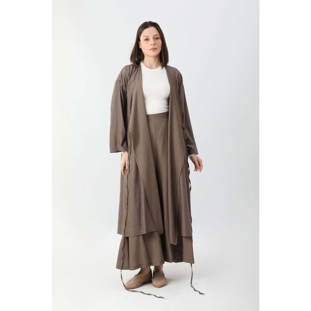 Uzun Crash Çilek Kumaş Bağlamalı Kimono Pantolonlu Toprak Takım 2 Beden