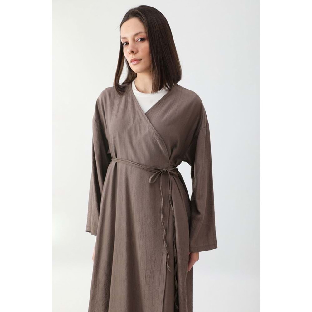 Uzun Crash Çilek Kumaş Bağlamalı Kimono Pantolonlu Toprak Takım 2 Beden