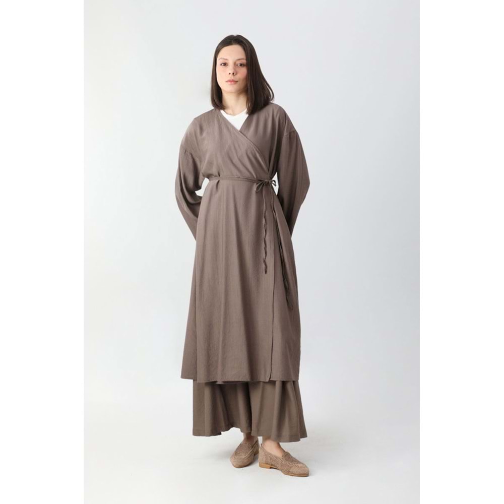 Uzun Crash Çilek Kumaş Bağlamalı Kimono Pantolonlu Toprak Takım 2 Beden