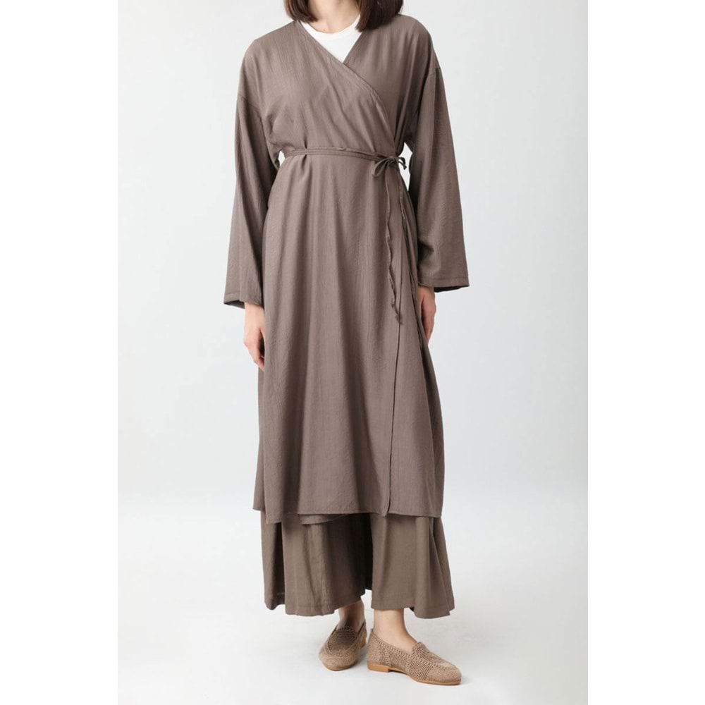 Uzun Crash Çilek Kumaş Bağlamalı Kimono Pantolonlu Toprak Takım 2 Beden