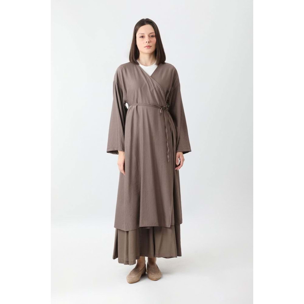 Uzun Crash Çilek Kumaş Bağlamalı Kimono Pantolonlu Toprak Takım 2 Beden