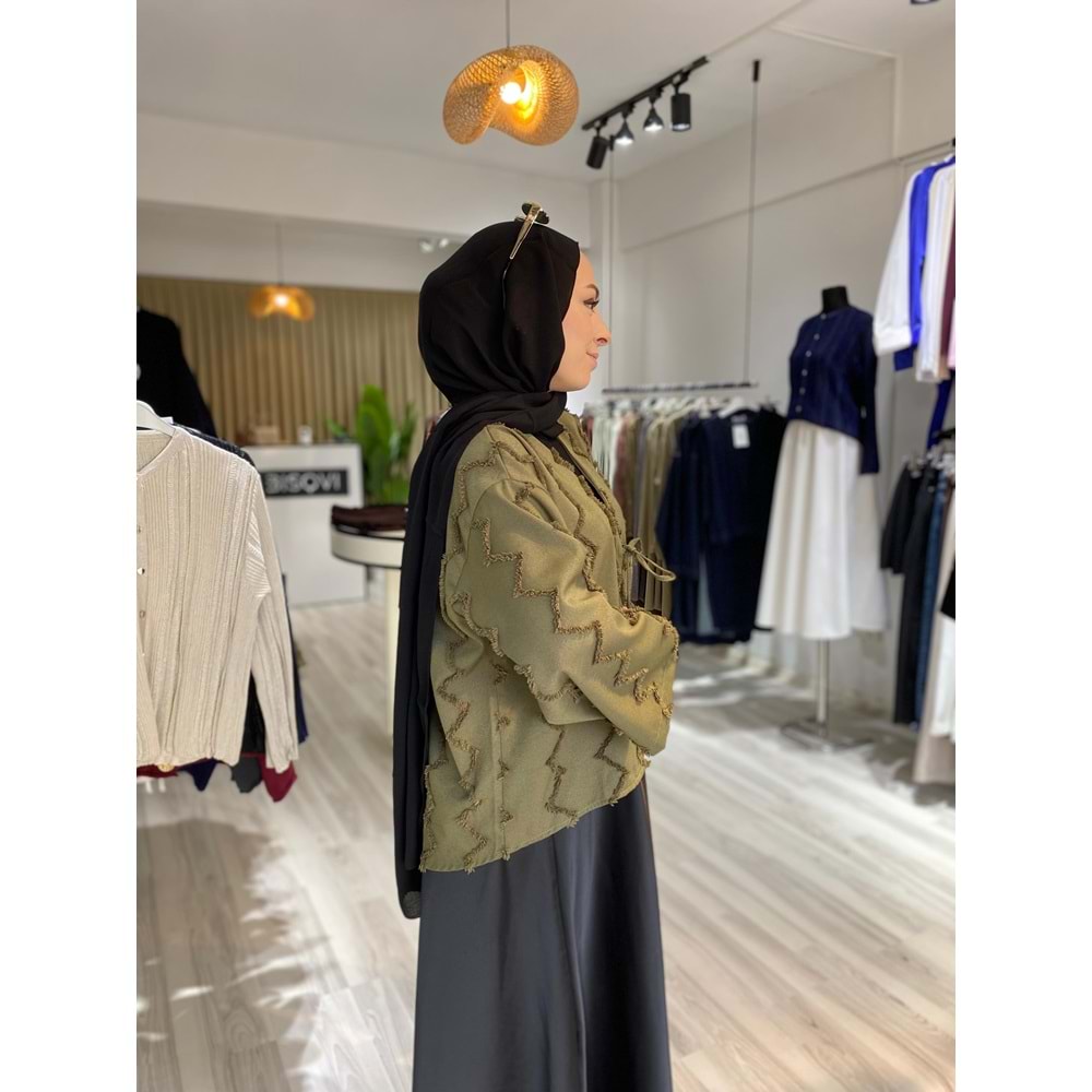 Zikzak Püsküllü İki İp Bağlamalı Yeşil Kimono S (36-38) Beden