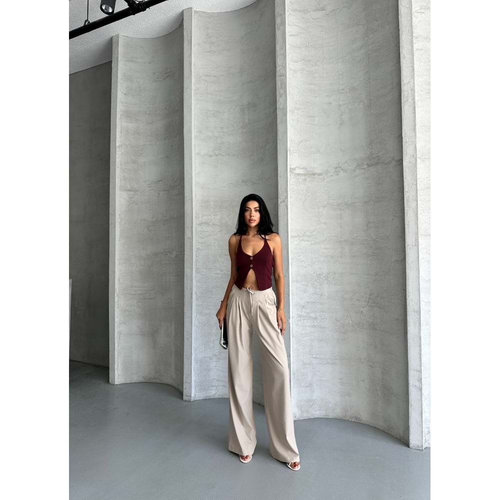 Pileli Beli İpli Keten Kadın Bej Pantolon L (40) Beden