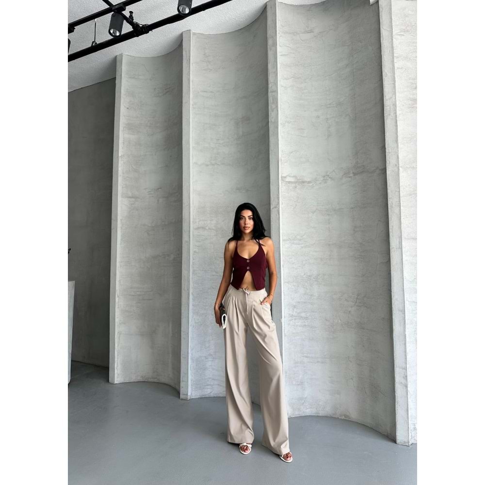 Pileli Beli İpli Keten Kadın Bej Pantolon L (40) Beden