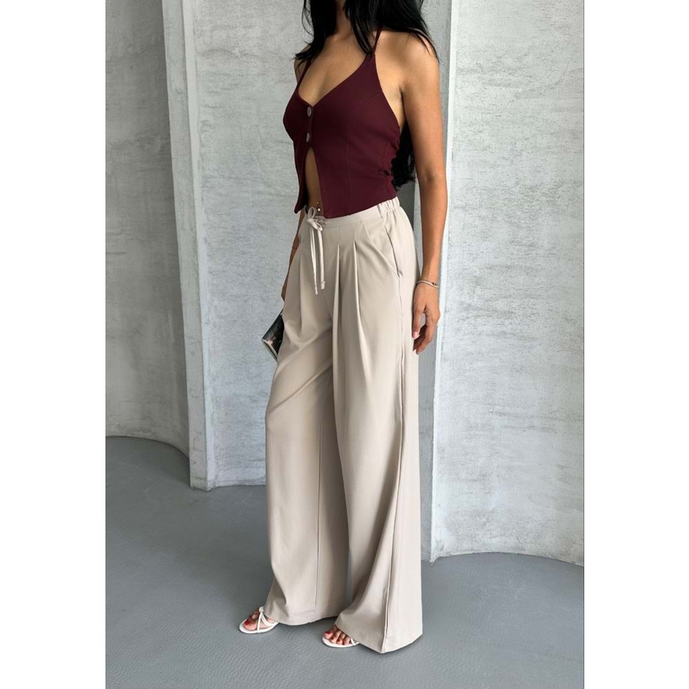 Pileli Beli İpli Keten Kadın Bej Pantolon M (38) Beden