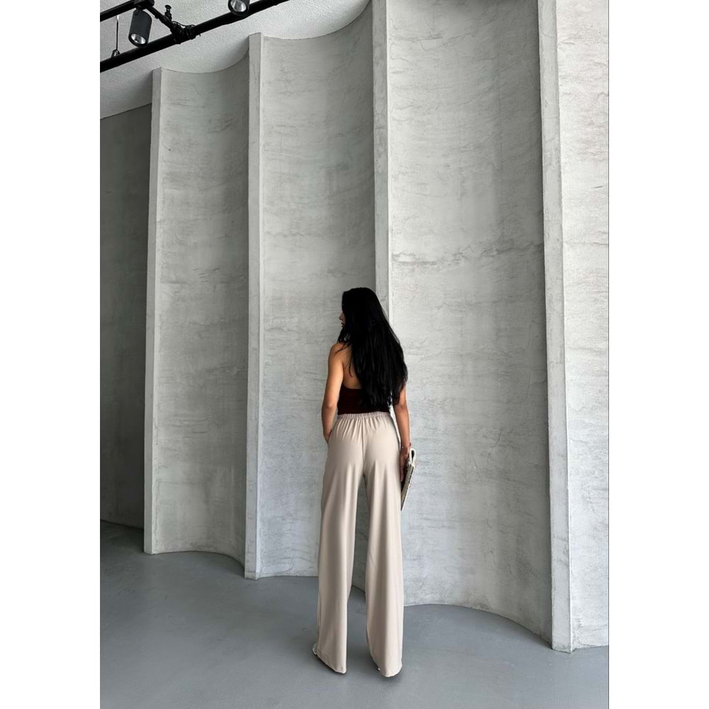 Pileli Beli İpli Keten Kadın Bej Pantolon M (38) Beden