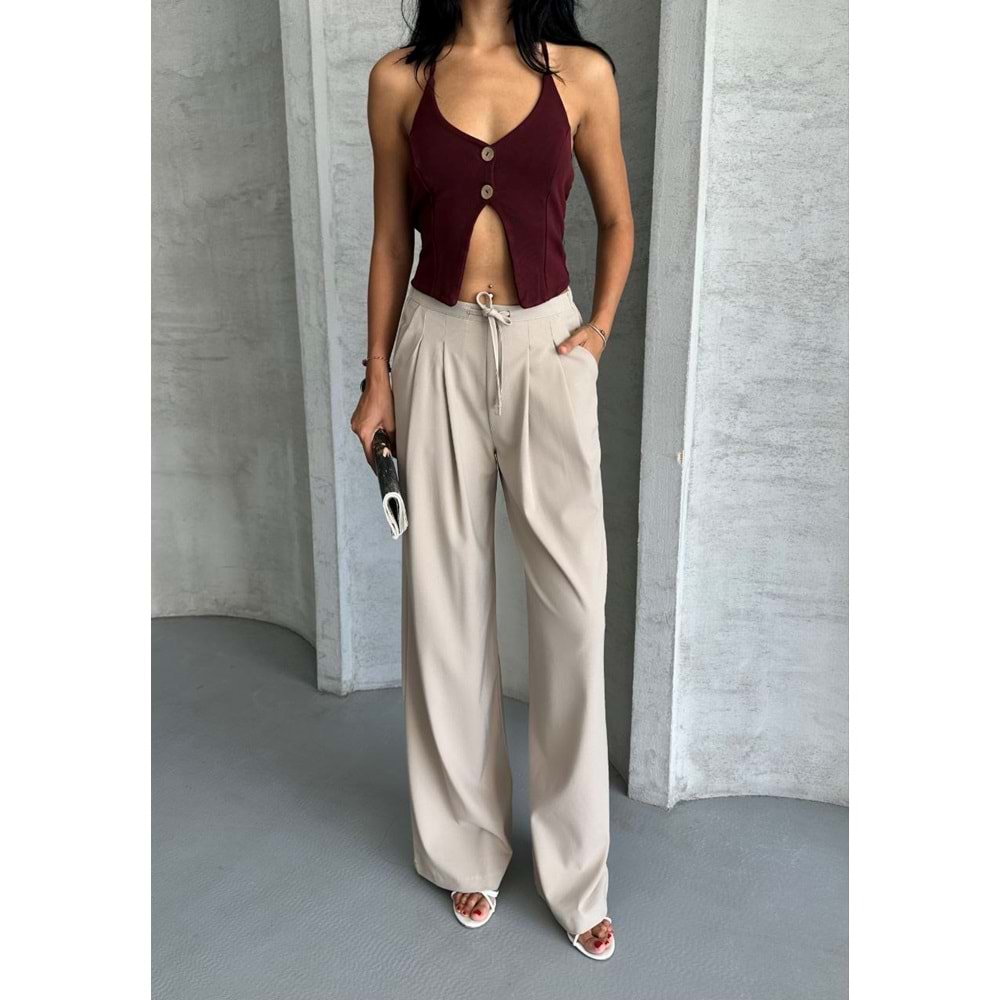 Pileli Beli İpli Keten Kadın Bej Pantolon M (38) Beden