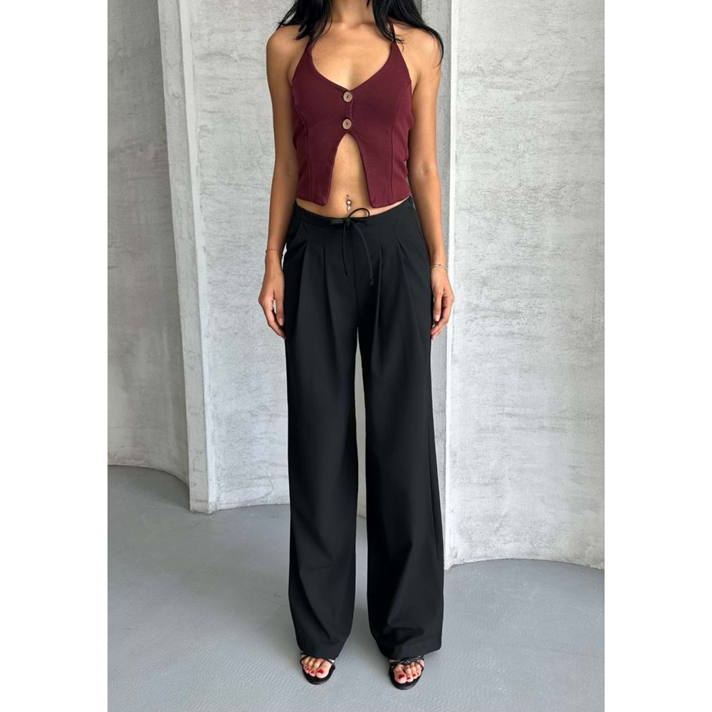 Pileli Beli İpli Keten Kadın Bej Pantolon S (36) Beden