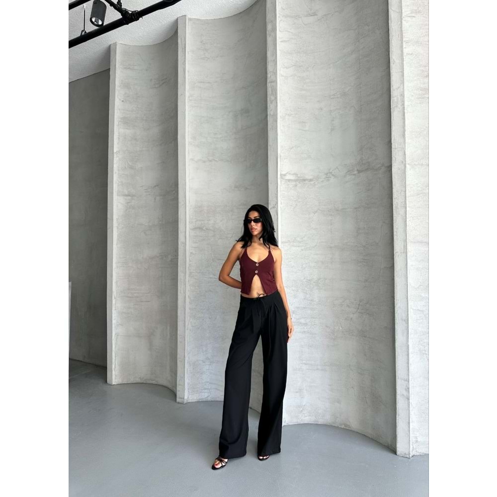 Pileli Beli İpli Keten Kadın Bej Pantolon S (36) Beden