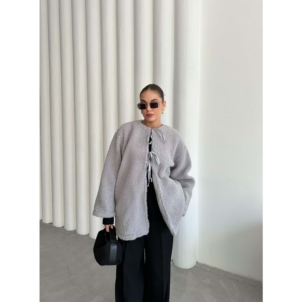 Önü Bağlamalı Gri Standart Kadın Teddy Ceket
