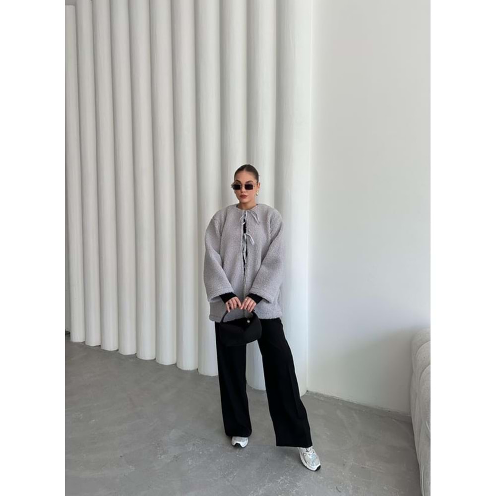 Önü Bağlamalı Gri Standart Kadın Teddy Ceket