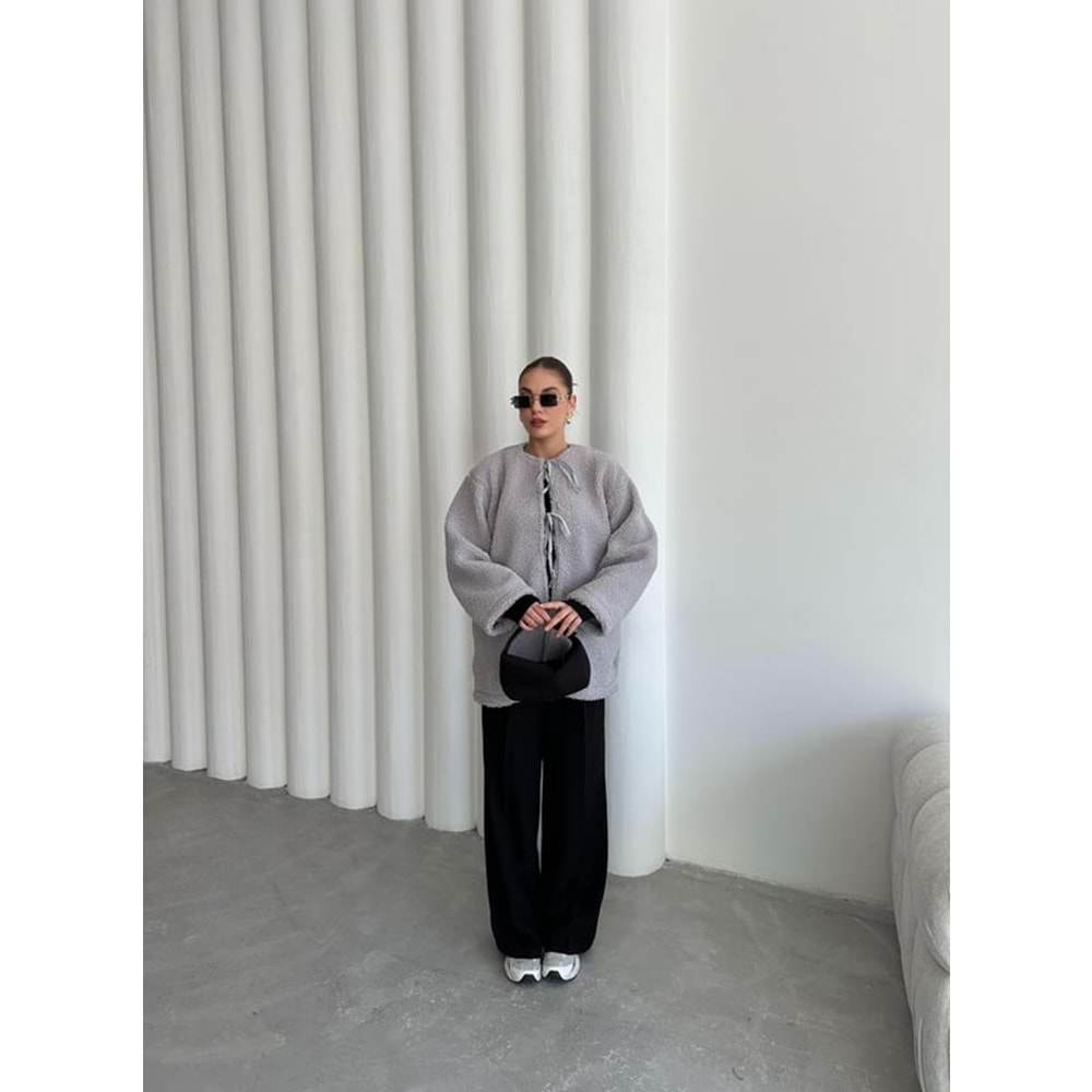 Önü Bağlamalı Gri Standart Kadın Teddy Ceket