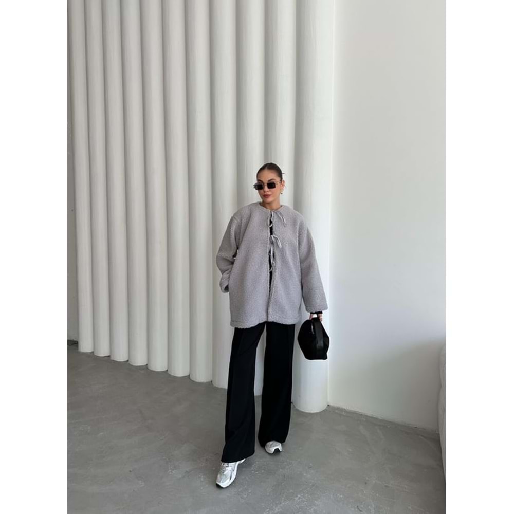 Önü Bağlamalı Gri Standart Kadın Teddy Ceket