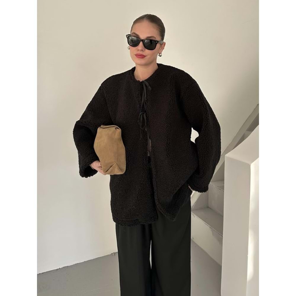 Önü Bağlamalı Siyah Standart Kadın Teddy Ceket