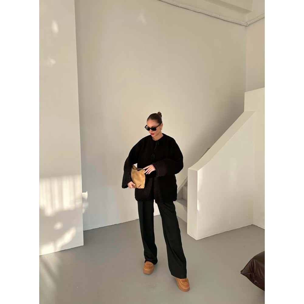 Önü Bağlamalı Siyah Standart Kadın Teddy Ceket