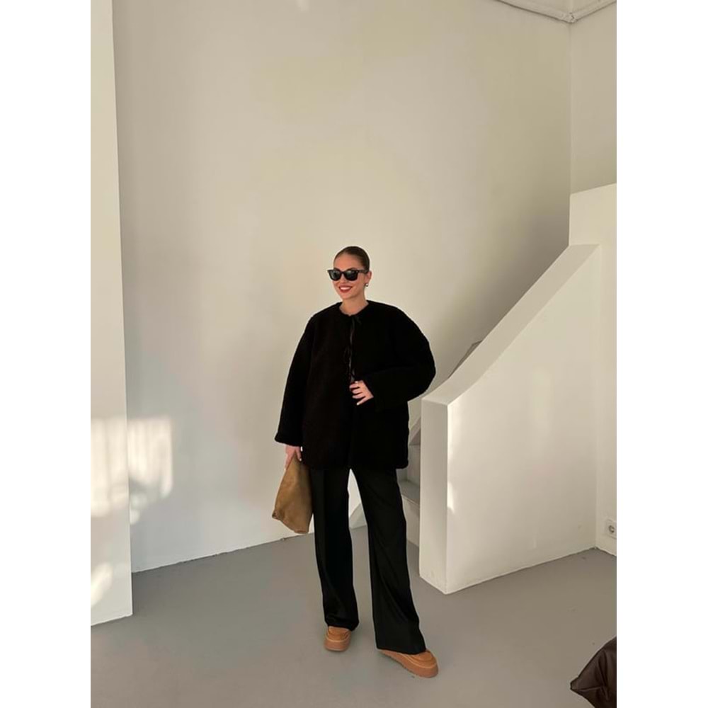 Önü Bağlamalı Siyah Standart Kadın Teddy Ceket