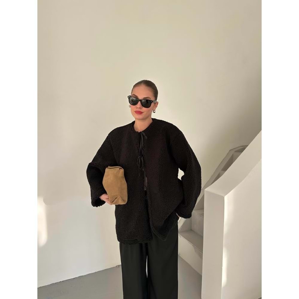 Önü Bağlamalı Siyah Standart Kadın Teddy Ceket