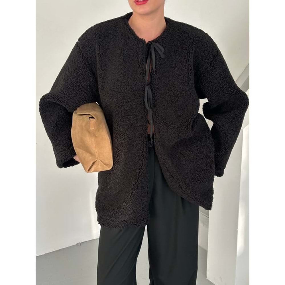 Önü Bağlamalı Siyah Standart Kadın Teddy Ceket