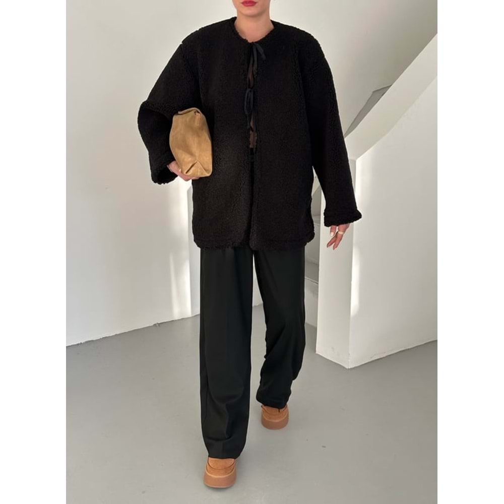 Önü Bağlamalı Siyah Standart Kadın Teddy Ceket