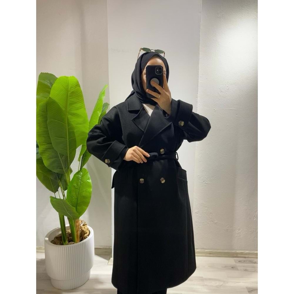 Premium Kumaş Kuşaklı Siyah Oversize Kaban Standart