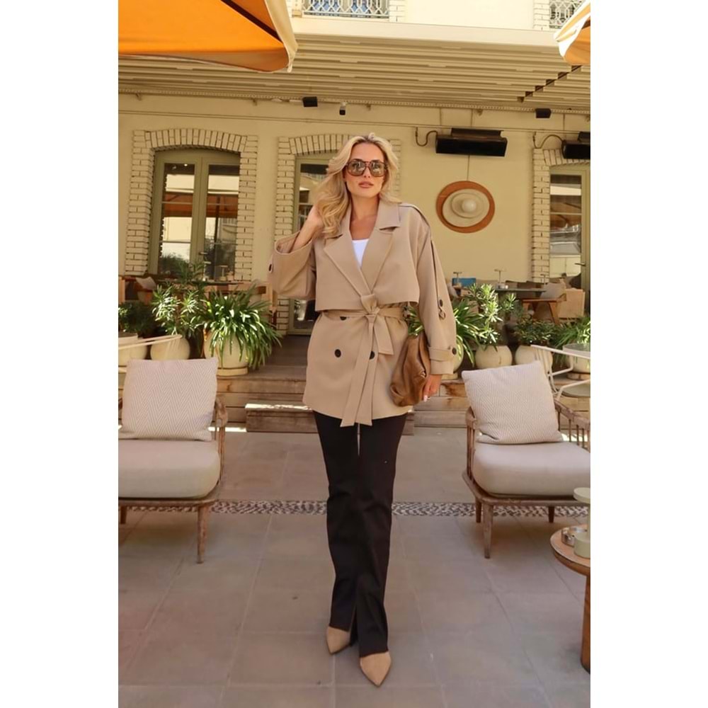 Oversize Düşük Omuz Kısa Camel Trenç