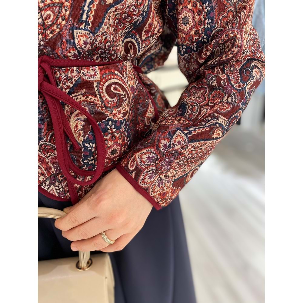 Venüs Etnik Desen Jakar Kadın Bordo Ceket