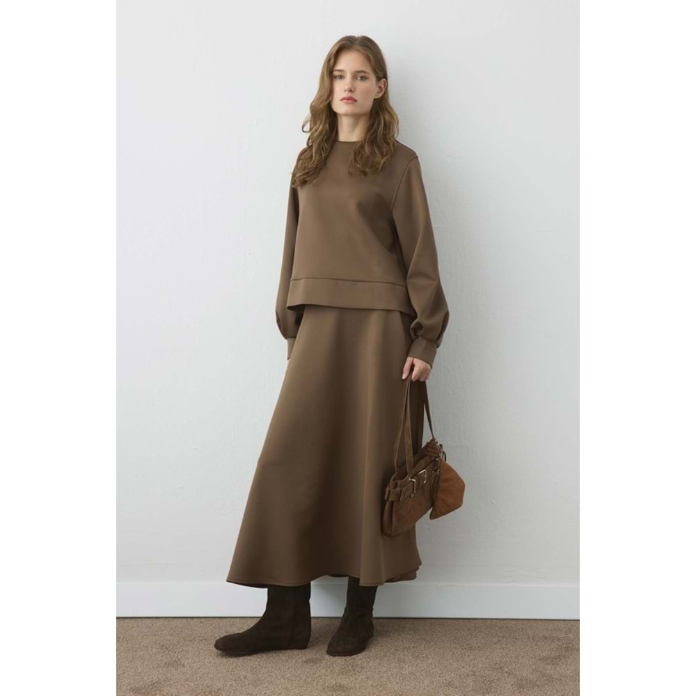 Kahverengi Büyük Beden Balon Kol Kloş Scuba Takım L/XL