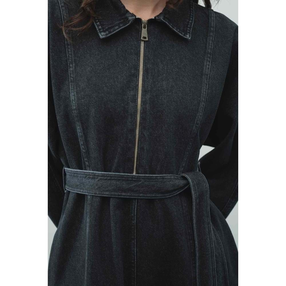 Fermuar Detaylı Denim Antrasit Elbise L/XL