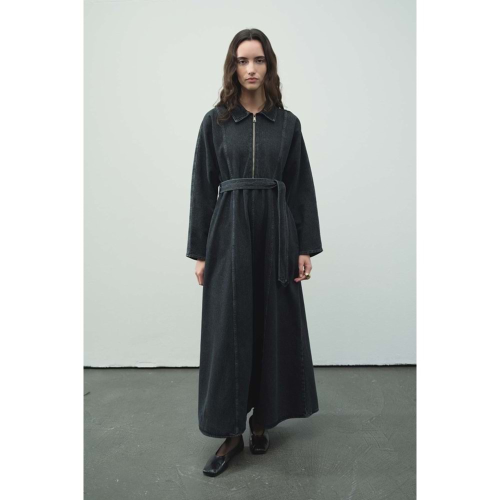 Fermuar Detaylı Denim Antrasit Elbise L/XL