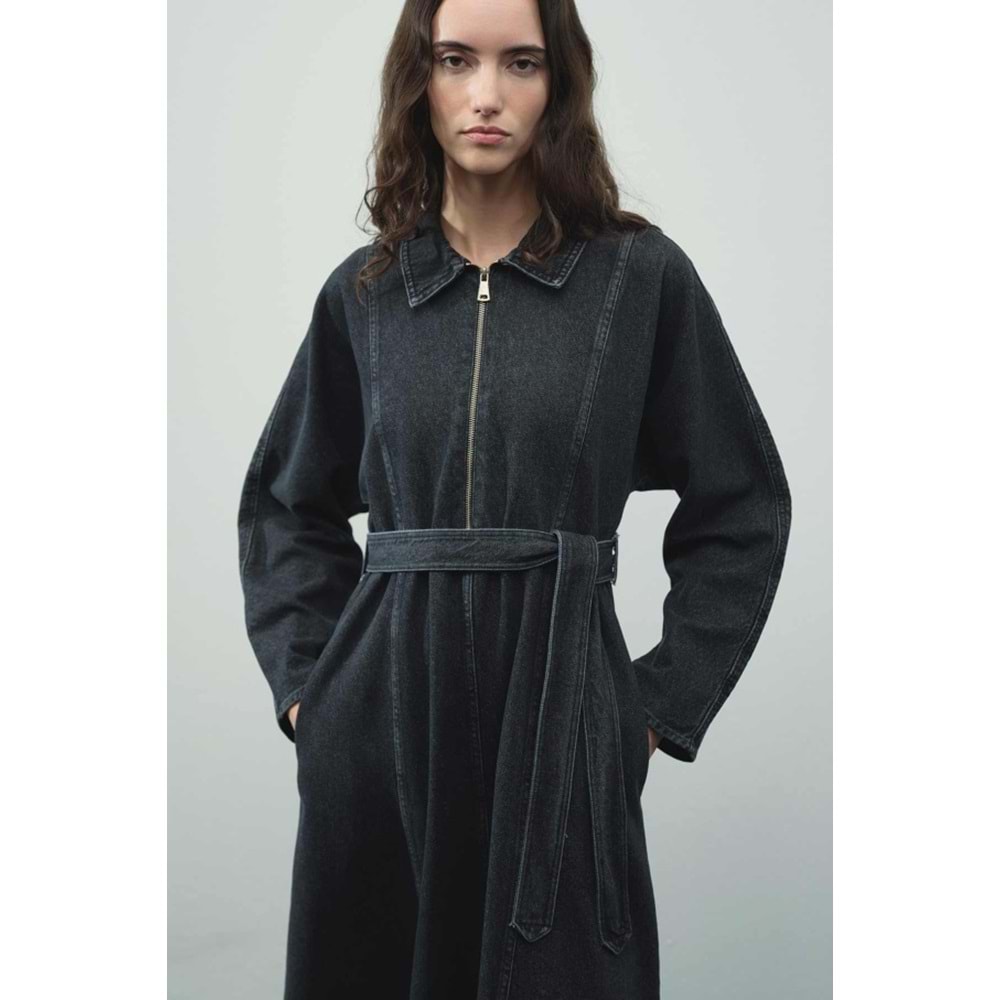 Fermuar Detaylı Denim Antrasit Elbise L/XL