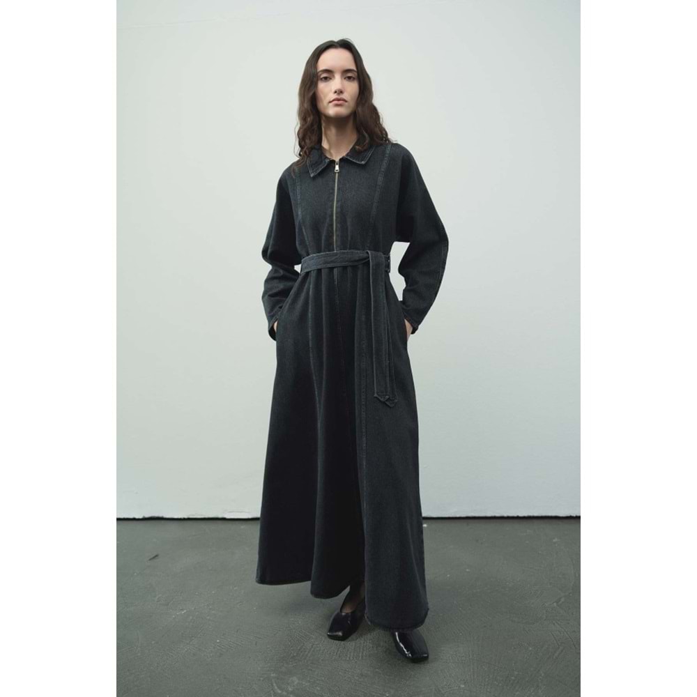 Fermuar Detaylı Denim Antrasit Elbise S/M