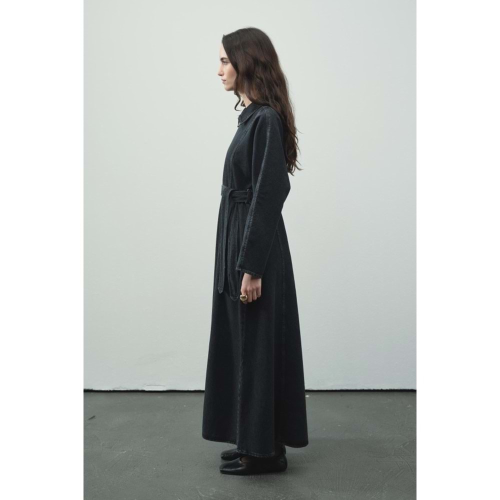 Fermuar Detaylı Denim Antrasit Elbise S/M