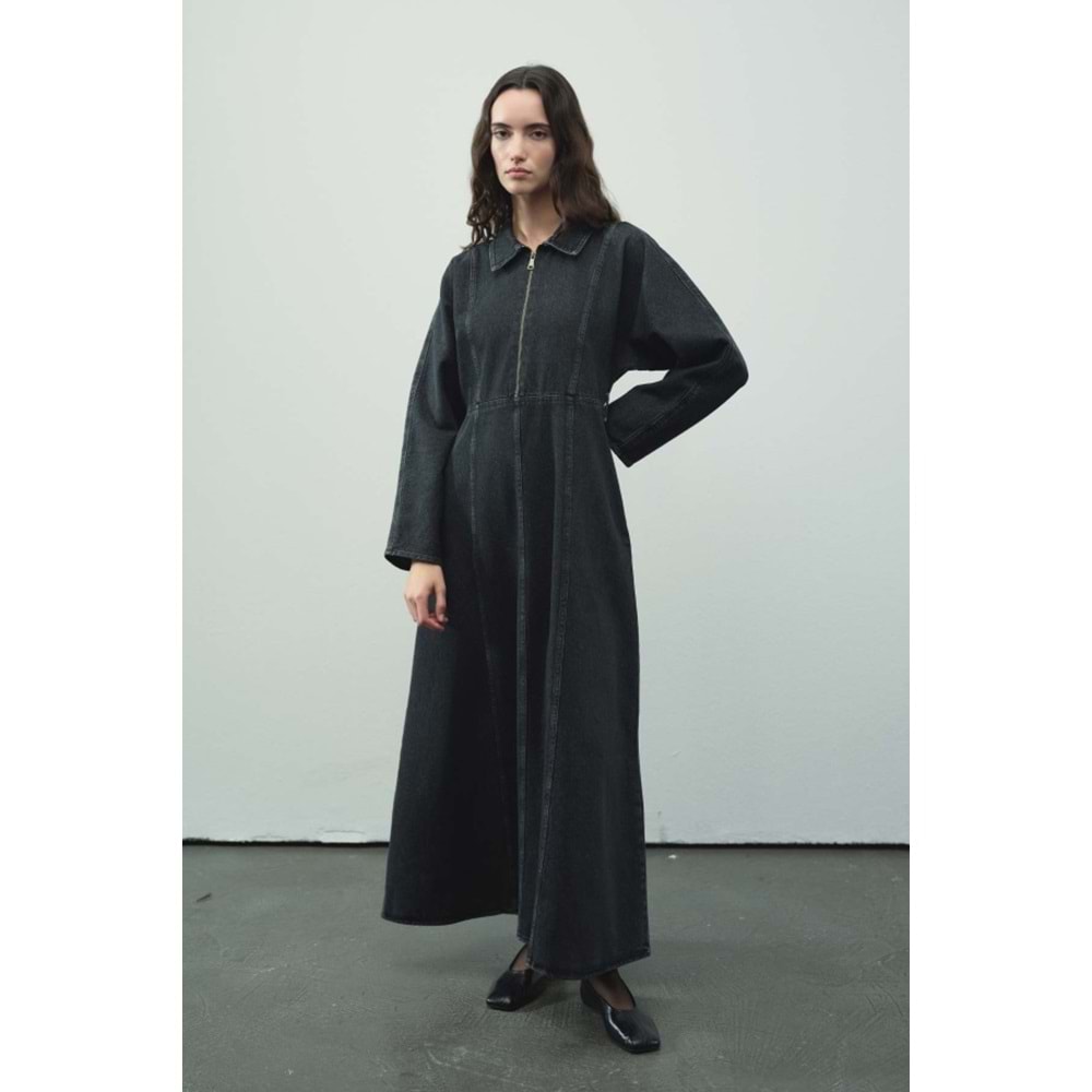 Fermuar Detaylı Denim Antrasit Elbise S/M