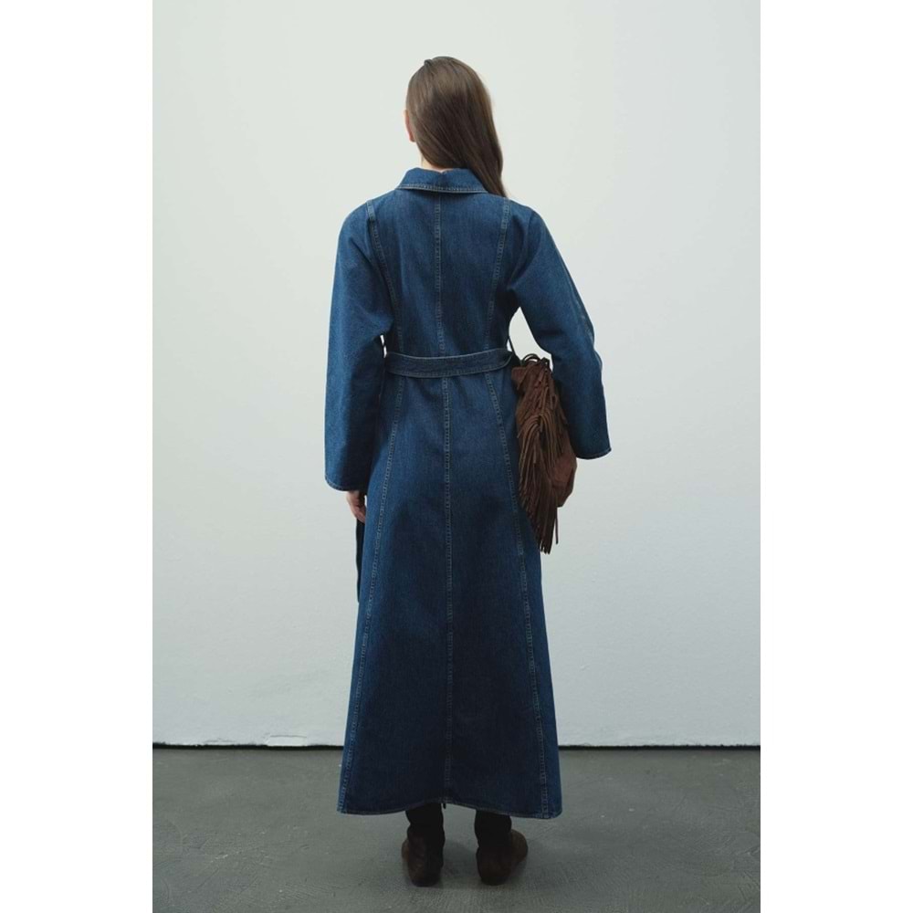 Fermuar Detaylı Denim Kot Mavi Elbise L/XL