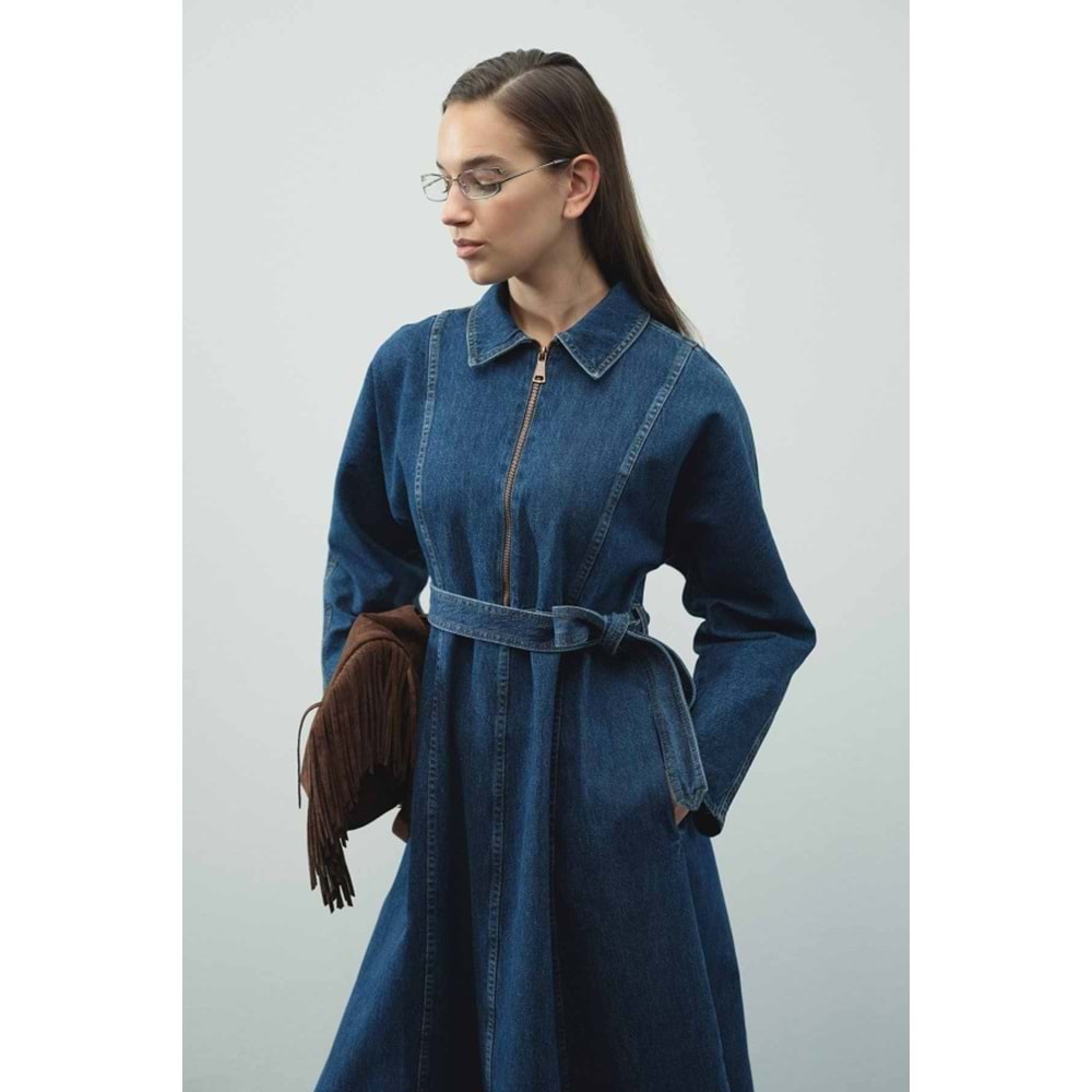 Fermuar Detaylı Denim Kot Mavi Elbise L/XL