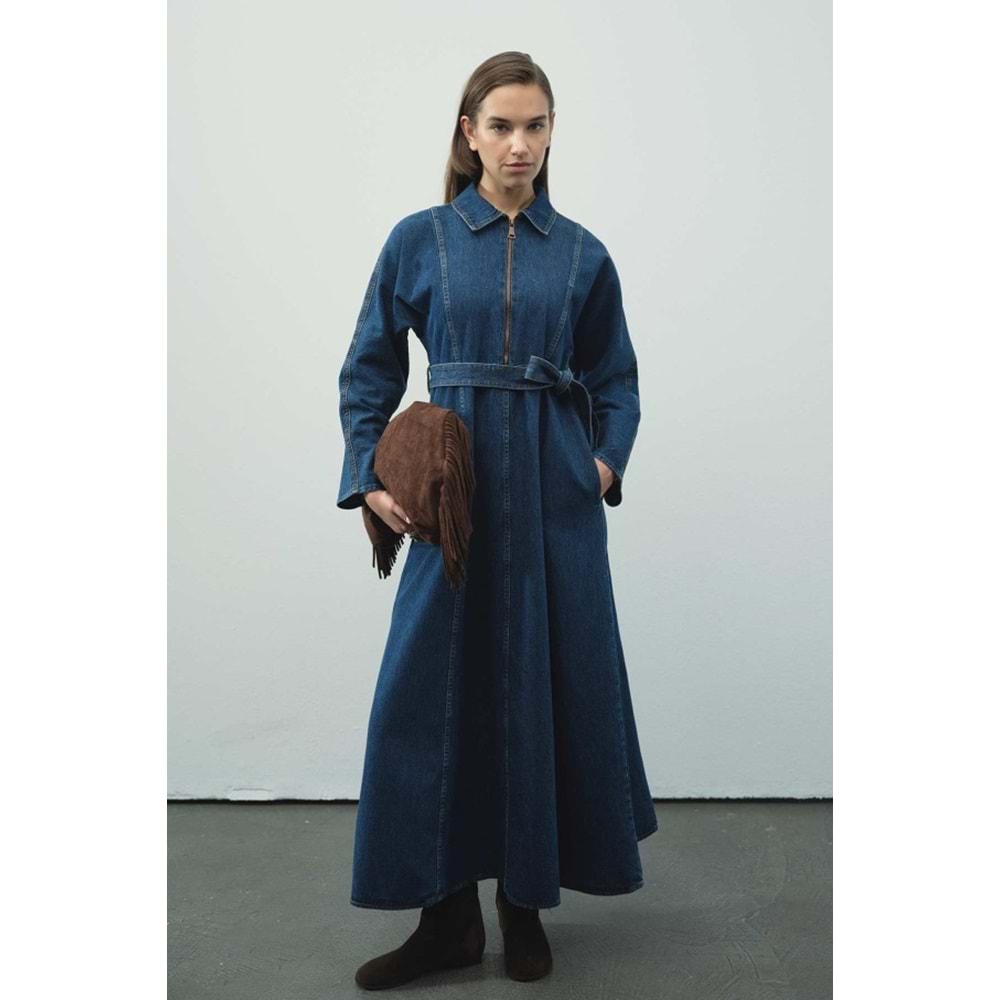 Fermuar Detaylı Denim Kot Mavi Elbise L/XL