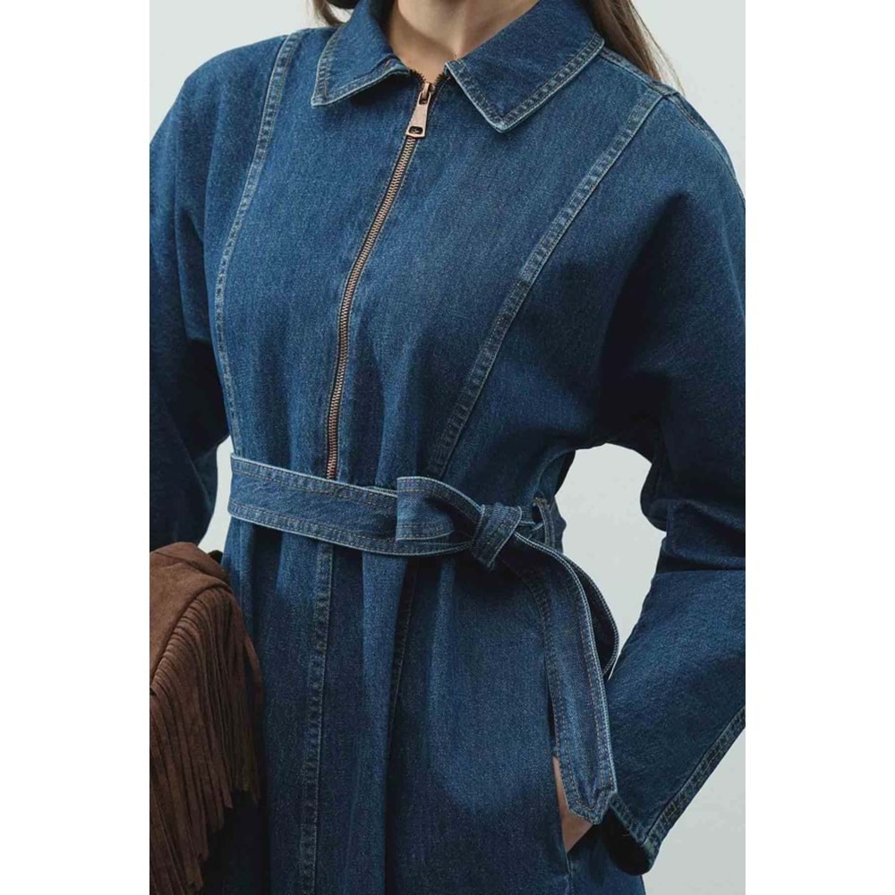 Fermuar Detaylı Denim Kot Mavi Elbise S/M