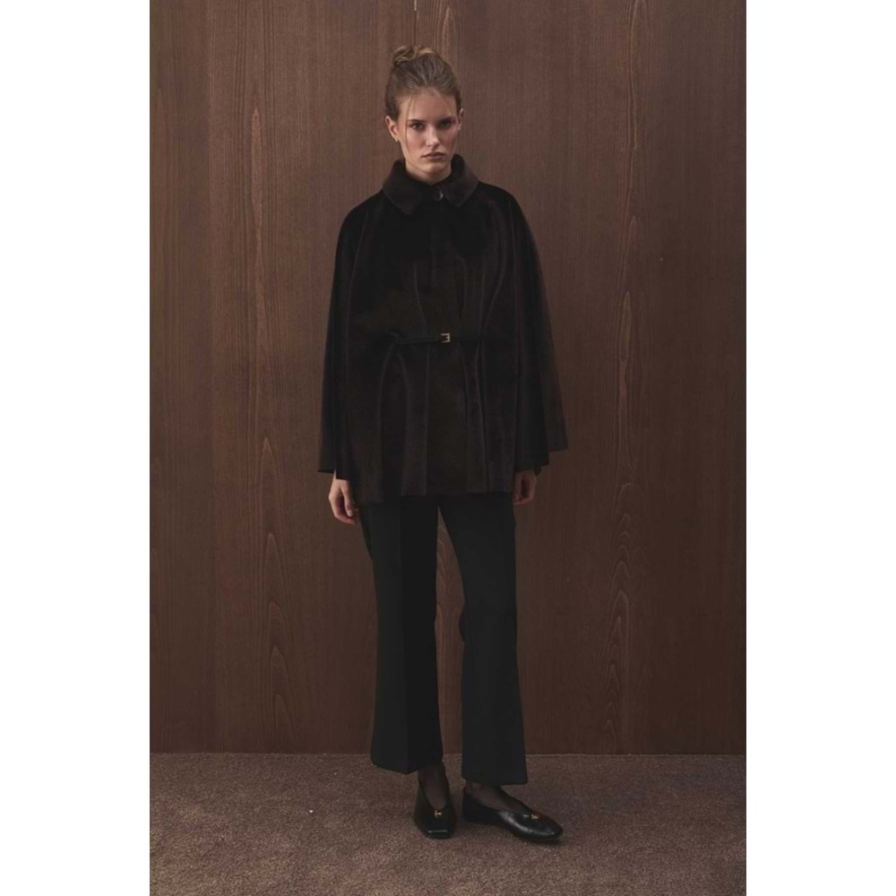 Kahverengi Oversize Pelerin Kaban | Süet Kemerli Gömlek Yaka